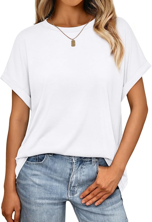 AUTOMET Women's Oversized Short Sleeve T Shirts Casual Drop Shoulder Rolled Cuff Summer Tops for Work, Travel and Lounge
