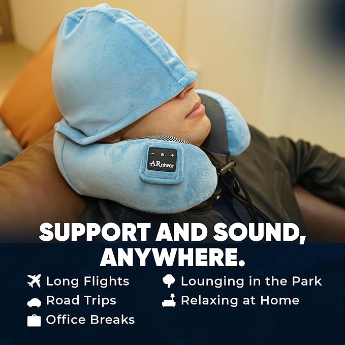 Bluetooth Music Semicircular Neck Pillow with Hood Wireless Bluetooth Speaker Suitable Airplane,Car,Office,and Outdoor Camping for Sleeping, Resting The Best Travel Essentials. (Light Blue)