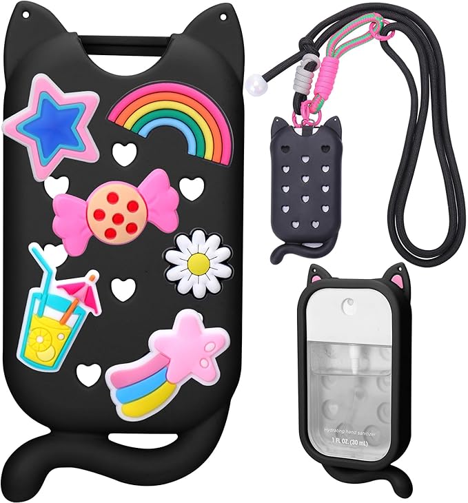 Juome Hand Sanitizer Spray Case for Touchland with Adjustable Keychain Lanyard & Charms, Cat Silicone Protective Holder for Touch Land Mist Case 1FL. OZ, Travel Cover Sleeve Accessory - Black