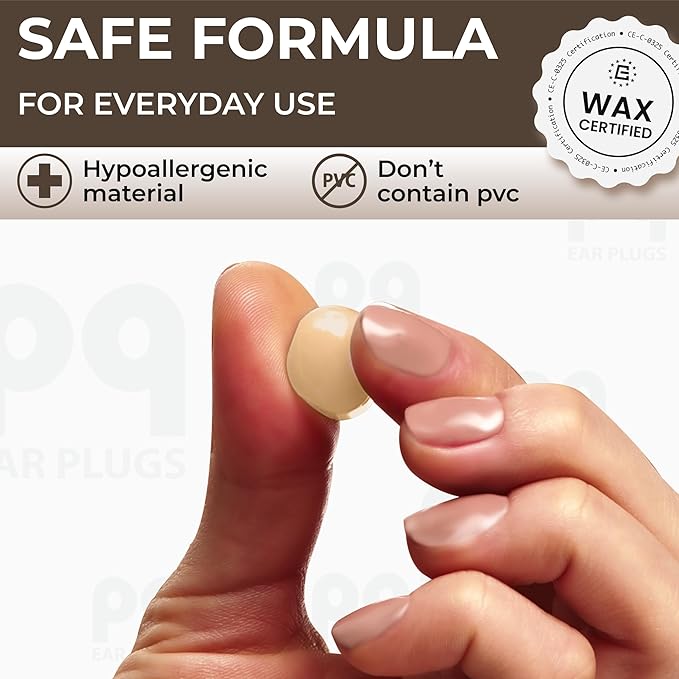 PQ Wax Ear Plugs for Sleep - 6 Silicone Wax Earplugs for Sleeping and Swimming - Gel Ear Plugs for Noise Cancelling, Ear Protection - Sleeping Earplugs with Sound Blocking 32 Db (6-Pillows). Beige