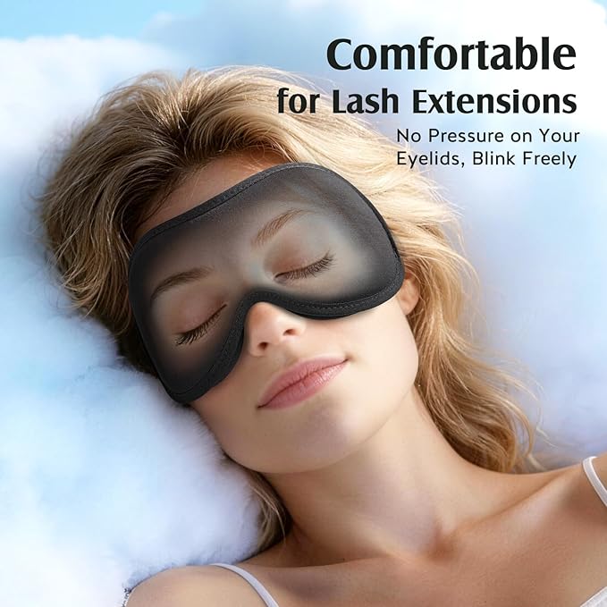 YFONG Sleep Mask for Lash Extensions, Bamboo Viscose & 100% Blackout Eye Mask for Sleeping Women Men, Soft 3D Contoured Zero Eye Pressure Blindfold for Travel, Breathable & Adjustable Eye Cover, Black