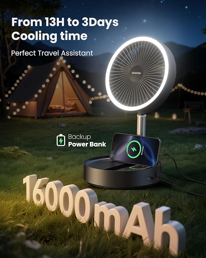 Gaiatop Portable Pedestal Fan 16000mAh Battery [Max 74h Runtime], Foldable Oscillating Standing Fan, Collapsible Desk Fans, LED Light, Case & Remote Control 4 Speeds for Outdoor Travel Camping (Black)
