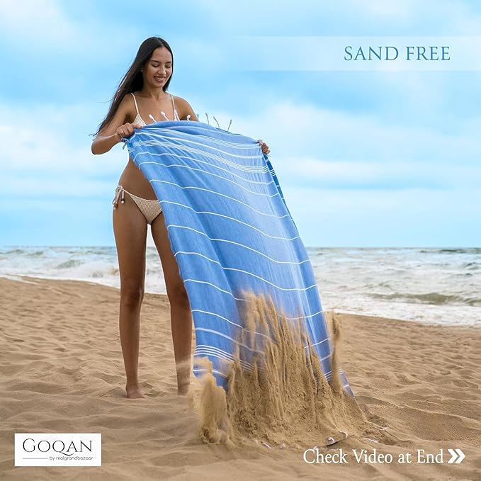 Goqan Turkish Beach Towels Oversized 6 Pack 39x71, Large Beach Blankets, 100% Cotton Sand Free, Quick Dry Pool Towel Set, Beach Essentials for Family on Airplane, Travel, Bag, Lightweight -Azure