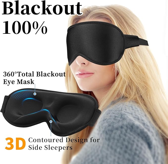 3D Sleep Mask for Men&Women, 2 Pack Contour Eye Masks for Sleep, Side Sleeping Mask for Men&Women, Blackout Eye Mask for Sleeping Eye Mask, Airplane Travel Essentials for Men, Meditation Black & Black