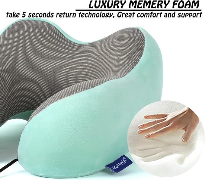 Travel Pillow,Travel Neck Pillows for Sleeping,100% Pure Memory Foam Soft Comfort & Support Pillow for Airplane/Car/Office&Home Rest Use-Blue Green