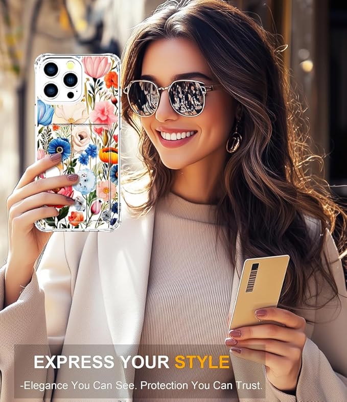 Compatible with iPhone 16 Pro Case Card Holder for Women Cute Design,Wallet Phone Cases Transparent Cool Kawaii Protective (Clear Flower Art Rose Peony)