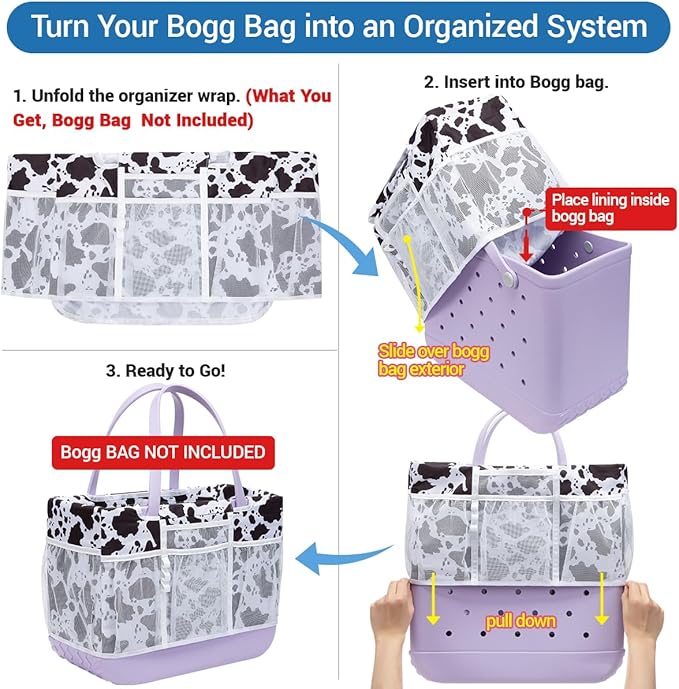Nyton Custom Fit Organizer Bag Insert for Bogg Bag Inner Liner Pouch for Original Large XL Rubber Tote Zippered Organizer with Pockets for Beach Travel Sports Mom (BLACK WHITE COW, LARGE)
