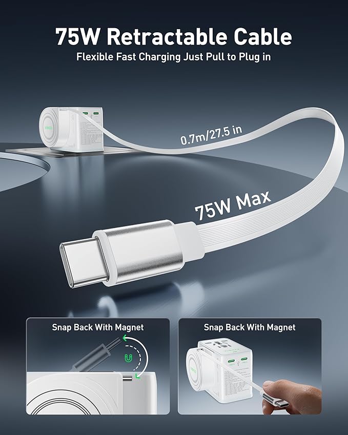 75W Tiny Universal Travel Adapter with 70cm Retractable Cable, GaN Fast Charging European Plug Adapter, 5 Ports (1 AC, 1 USB-A, 3 USB-C), with Smart Chip for Over 200 Countries, PD&QC Charger