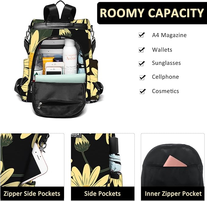 Fmeida Backpack Purse for Women - Travel Anti-Theft Backpacks Nylon Waterproof Daypack College Bookbag Shoulder Bag Sunflower