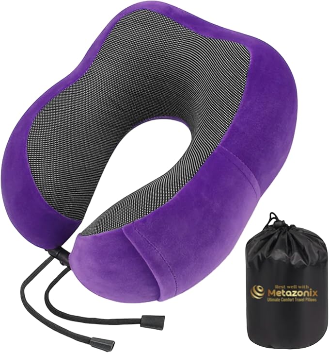Travel Pillow - 100% Memory Foam - Travel Pillows for Airplane - Neck Pillow Airplane and Car Use - Memory Foam Travel Neck Pillow - Travel Essentials for Women and Men (Purple)