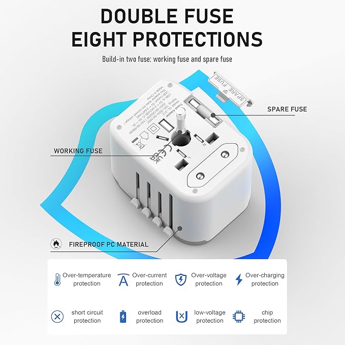 VYLEE Universal International Power Travel Plug Adapter, 5 in 1 European Travel Plug Adapter W/ 3.5A 2xUSB-A and 2xUSB C Wall Charger and Worldwide AC Outlet for Europe USA UK AUS Asia (White Grey)