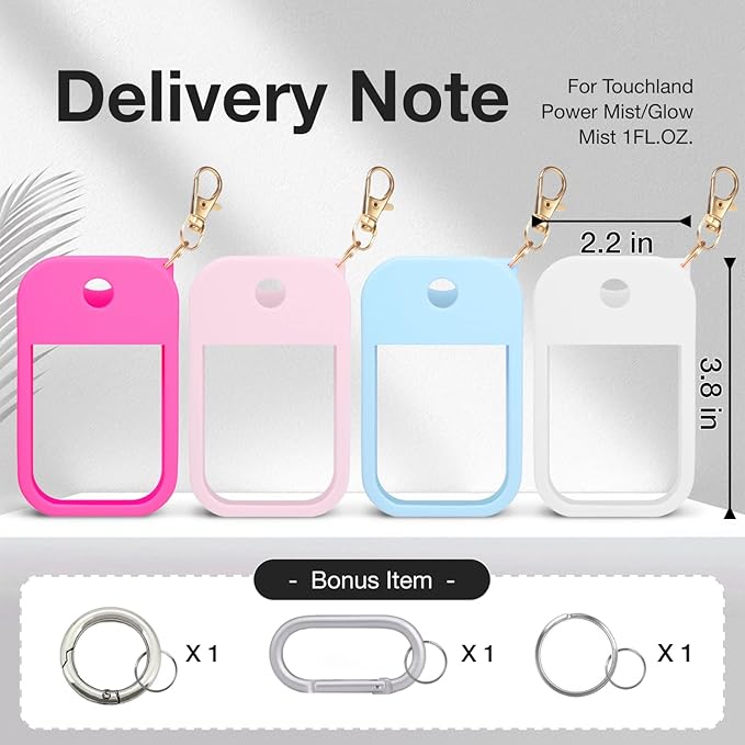 4 PCS Soft Silicone Case for Touchland Power Mist (1FL. OZ./30 mL), Protective and Stylish Case with Keychain Compatible with Touchland Hand Sanitizer Spray (Pink/Hot Pink/Blue/White)