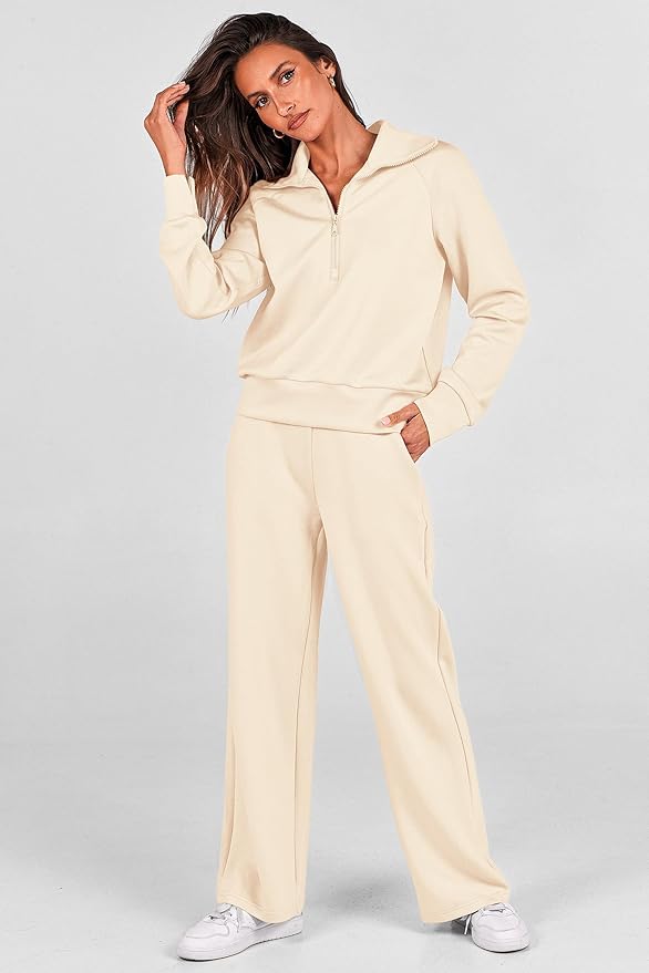 PRETTYGARDEN Women's 2 Piece Outfits Casual Lapel Half Zip Sweatshirts and Wide Leg Pants Tracksuit Sets