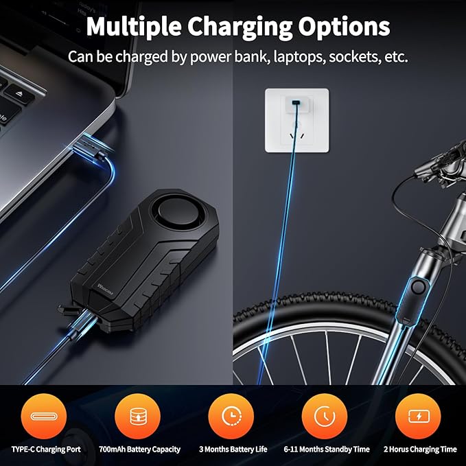WSDCAM 113dB Wireless Bike Alarm with Remote, Rechargeable Bicycle Alarm System Anti Theft, IP65 Waterproof, 3 Volume Bike Alarms for E-Bikes, Motorcycles, Scooter, Outdoor Riding and Cycling Safety