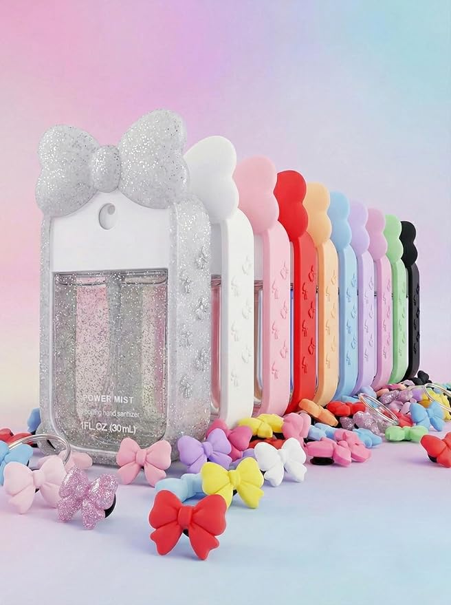 Silicone Bow Case Compatible with Touchland Hand Sanitizer Spray 1 oz (30 mL), Cute Holder with Keychain Clip, Gift for Girls