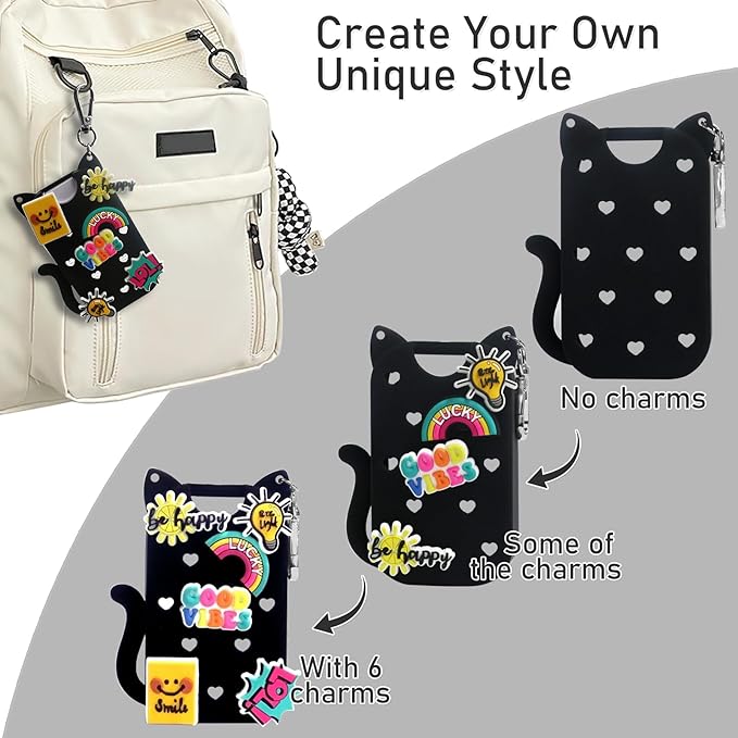 Silicone Case Compatible with Touchland Hand Sanitizer Spray 1 FL OZ/30ML,Stylish & Portable Hand Sanitizer Spray Accessory with 6 Charms Decorations & a Keychain (Black)