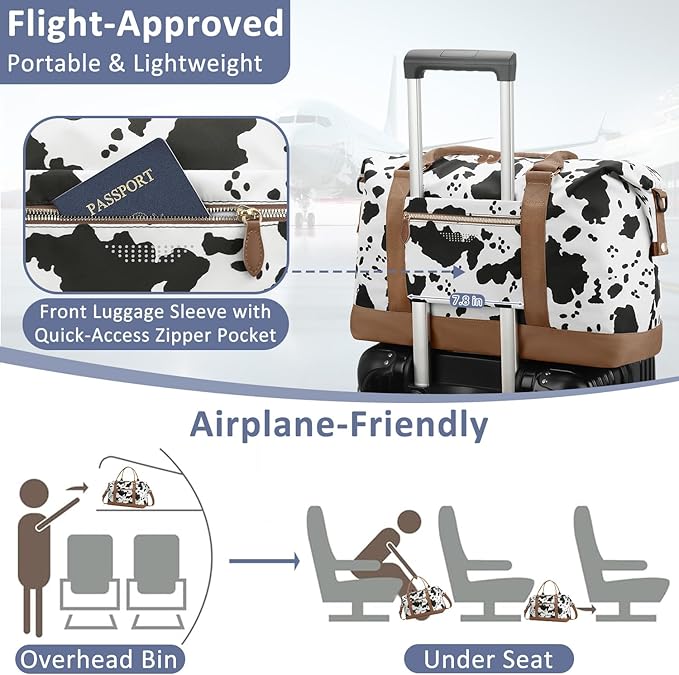 ELONGRIVER Travel Duffle Bag for Women, Weekender Bags, Hospital Bag for Labor Delivery, Lightweight Tote Duffel Overnight Bag with Luggage Sleeve, Airplane Travel Bags with Toiletry Bag, X-Large, Cow
