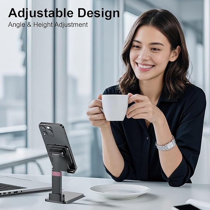 Phone Holder for Desk Cell Phone Holder Height Angle Adjustable Stands, Anti-Slip Base, Compact Design for iPhone Android Devices,White&Black,2Pack