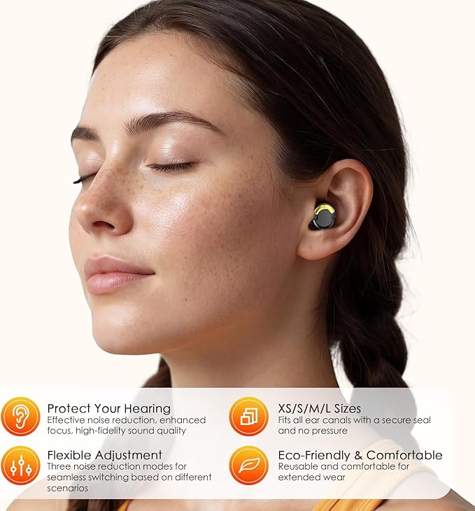 Adjustable Ear Plugs - 3 Noise Cancelling Modes for Concerts, Work, Travel & More, Reusable Hearing Protection with 4 Sizes (XS/S/M/L), Comfortable Ear Plugs for Noise Reduction, Black Gold