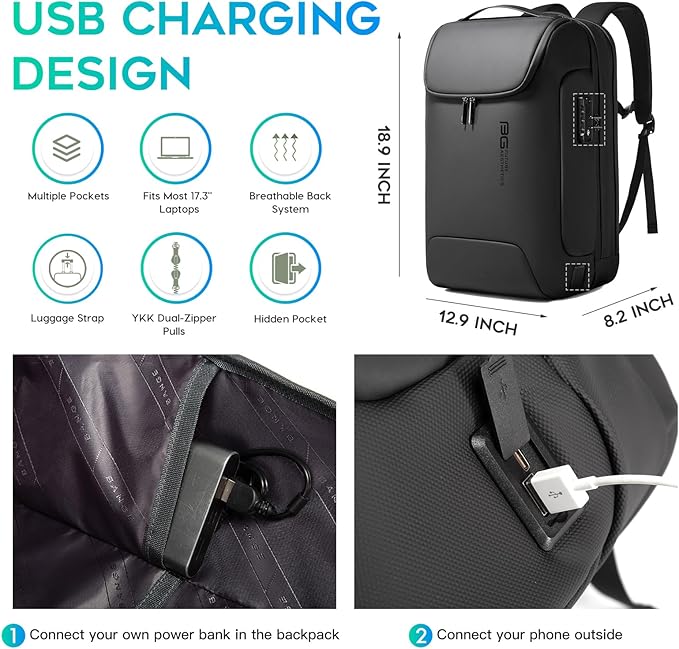 BANGE Anti-Theft Backpack with USB Charging Port for Men, 17.3 Inch Business Laptop Backpack, TSA Approved Lock & Waterproof Zippers, Large Travel Computer Bag