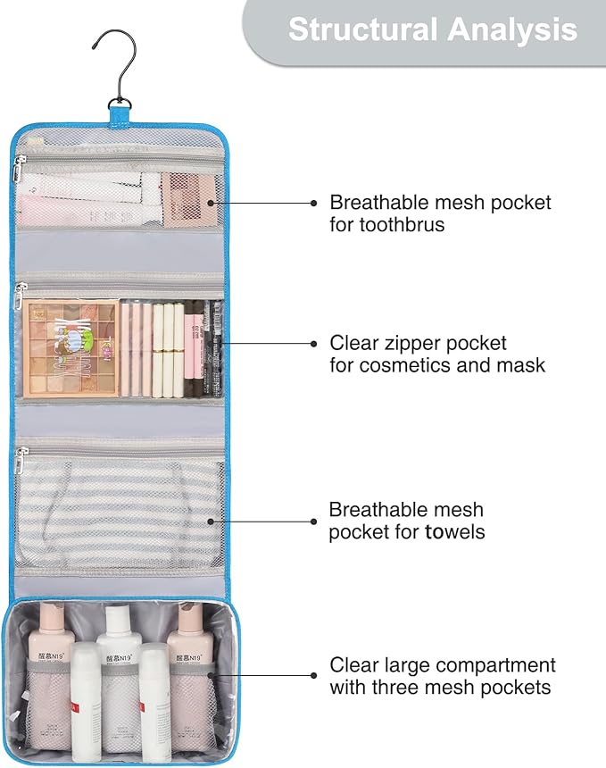 Relavel Travel Hanging Toiletry Bag for Women Men, Large Cosmetic Bags with Compartments, Water-resistant Travel Organizer for Accessories, Shampoo, Full Sized Container, Toiletries (Blue)
