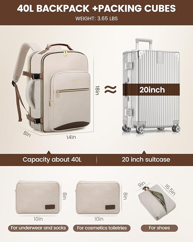 LOVEVOOK Travel Backpack for Women & Men 40L,Airline Approved Carry On Backpack Travel Essentials,TSA Carry on Luggage,Waterproof Personal Item Travel Bag,Suitcase with 3 Packing Cubes,Primary-Coffee