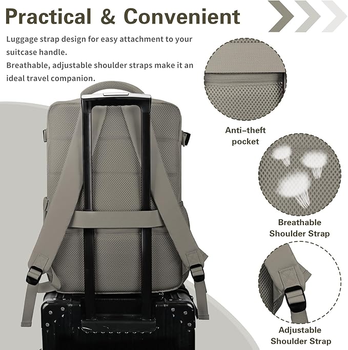 Carry On Backpack for Women & Men – Airline Approved Underseat Size, 15.6" Laptop Compartment, TSA-Friendly 180° Opening, Anti-Theft Business Travel Backpack with Trolley Sleeve (Dark Gray, Large)