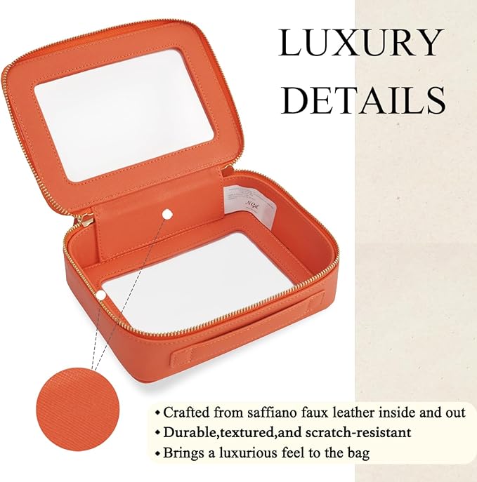 NGIL Clear Faux Leather Travel Toiletry Bag, Makeup Bag Organizer for Women, Clear Window & Gold Zipper Makeup Bag, Road Trip Essential, Skincare, Cruise Ship Essentials (Orange)