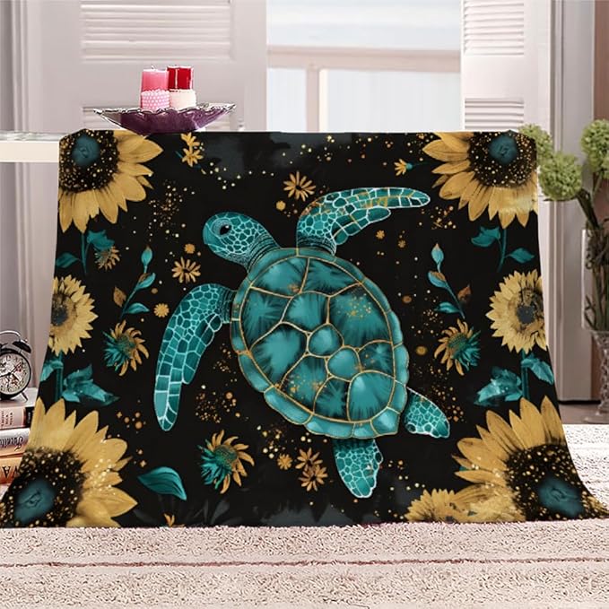 Sea Turtle Blanket Queen Size, Yellow Sunflowers Fleece Blanket for Couch Bed Sofa, Ocean Floral Blankets and Throws, Marine Reptile Super Soft Cozy Plush Flannel Blanket 90x90, Decor & Gift