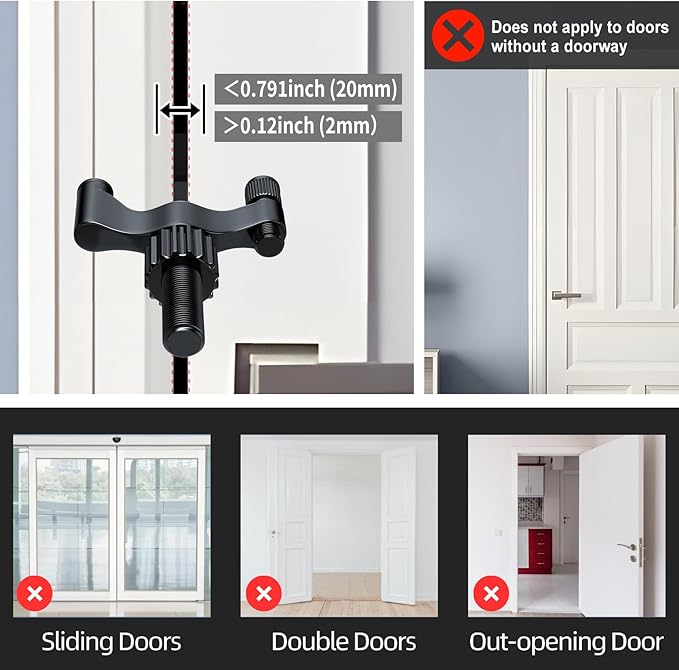 2 Pack Adjustable Portable Door Lock, Hotel Door Locks for Travelers Security, Prevent Unauthorized Entry, Door Stoppers Security for Travel Bedrooms Apartment Airbnb Dorm, with Silicone Caps, Black