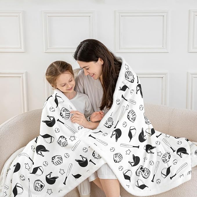 Baseball Kids Throw Blanket,Baseball Bat Glove Cartoon Bed Blanket for Girls Boys Adults,Stars Ball Sports Games Fleece Blanket,Black White Fashion Fuzzy Blanket,40 x 50 Inches