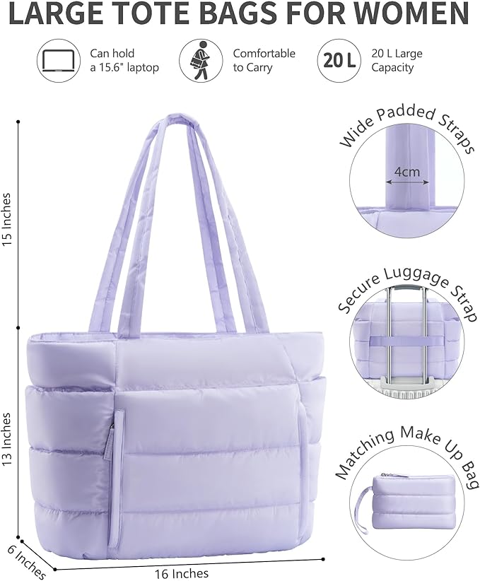 Bagstellar Puffer Tote Bag for Women, Lightweight Puffy Work Handbag Teacher Nurse Quilted Shoulder Bag for School Travel Gym | Cloud Bag w/ Zipper, Daily College Bags, 15.6" Computer Bag, Clinical Nursing Bag, 40 OZ Tumbler Holder, Ideal Gift for Women