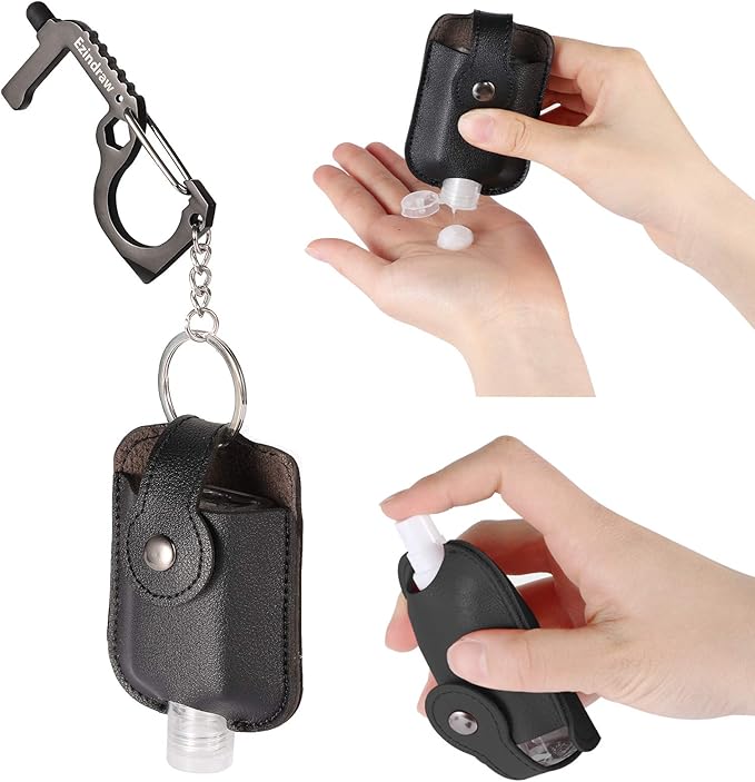 Hand Sanitizer Keychain, Hand Sanitizer Spray Holder, Premium PU Leather Travel Size Bottle Cases (1 oz), Refillable, Squeeze or Spray, Black, Empty