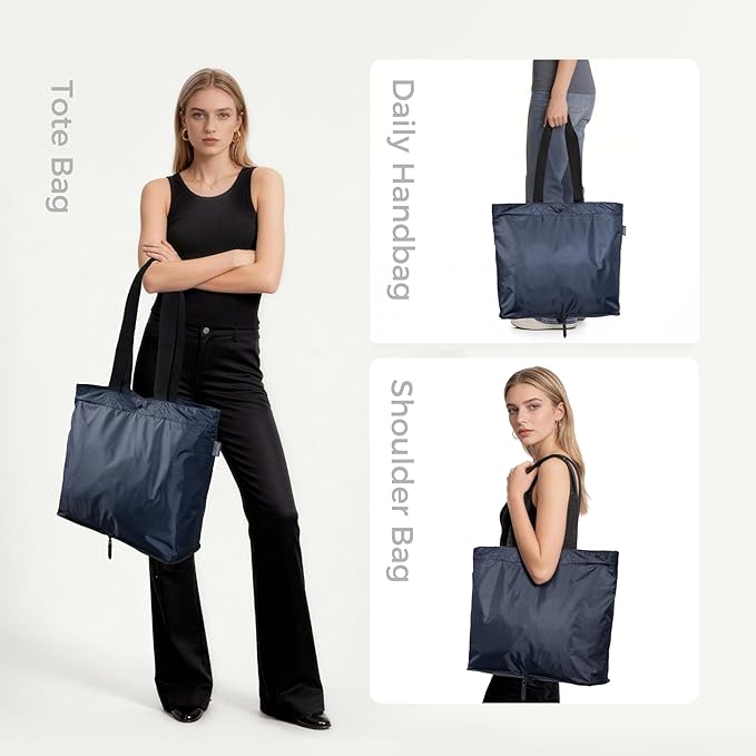 pack all Foldable Shoulder Tote Bag for Travel, 16L Lightweight Nylon Grocery Bag with Zipper, Water-resistant Work Tote for Daily Use (Navy Blue)