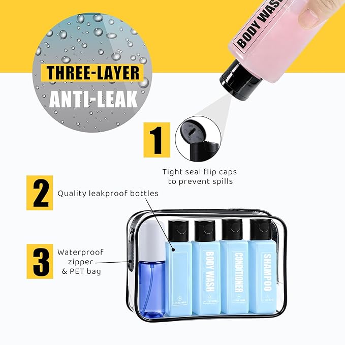 GearTrust Labeled Travel Bottles for Toiletries, 3.4oz TSA Approved Travel Shampoo and Conditioner Bottles with Spray, Leak Proof Clear Plastic Containers with Flip Cap-5 PCS