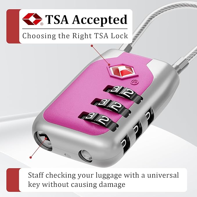 Joyway TSA Approved Luggage Lock, 3 Digit Combination Cable Lock with Alloy Body, Travel Combination Locks for Suitcases, Backpack and Golf Bag (Pink, 2Pack)