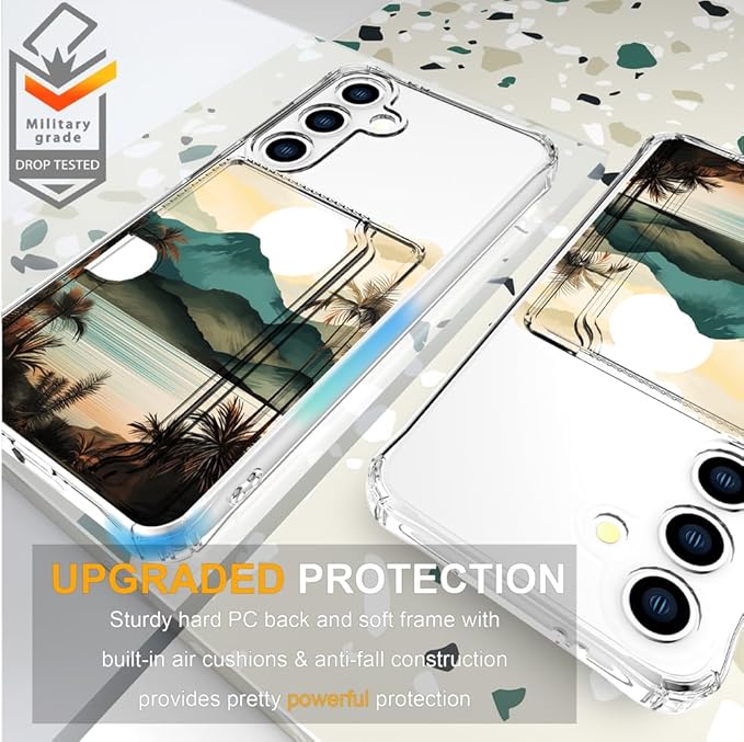 Compatible with Samsung Galaxy S24+ Plus / S25+ Plus Case Card Holder for Women Cute Design,Wallet Phone Cases Transparent Cool Kawaii Protective (Clear Ocean Sun Mountains Sunset)