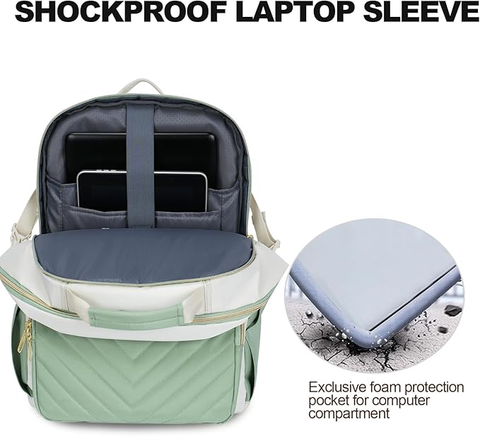 VANKEAN Laptop Backpack for Women with Giant Tumbler Holder Pocket,17.3 inch School College Book Bag Nurse Teacher Backpack,Waterproof Work Travel Backpack Purse Laptop Computer Bag, Beige-Light Green