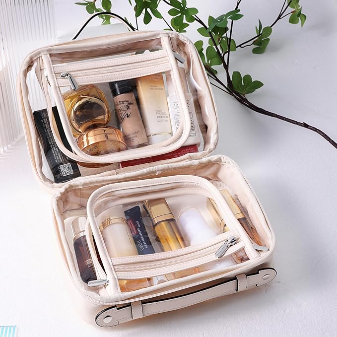 SANHECUN traveling toiletry case clear cosmetics case makeup bag Dimensions | LxWxH:10” x 4.5” x 7.5”(Beige, Medium)