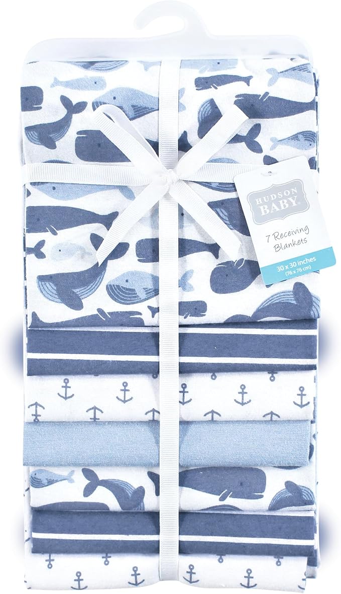 Hudson Baby Unisex Baby Cotton Flannel Receiving Blankets 7-Pack Bundle, Cute Whales, One Size