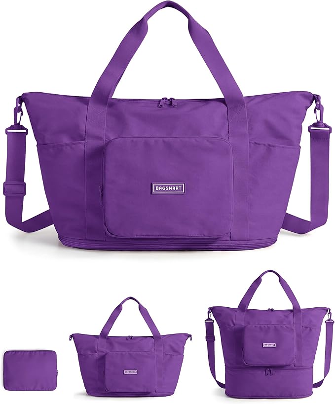 BAGSMART Foldable Travel Bag, 37L Expendable Personal Item Bag, Lightweight Weekender Bags for Women, Water Resistant Extra Carry on for Travel, Purple