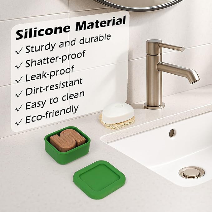 AIDIMMING Small Silicone Travel Soap Case with Drainage Mat - 100% Leakproof Bar Soap Holder for Gym, Camping - Fits Kitsch Shampoo Bars & 3.75oz Dove Soap - Portable, Shatterproof Box (Deep Green)