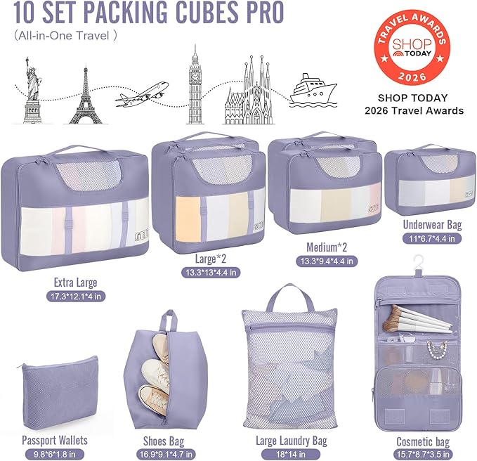 Veken 10 Set Packing Cubes for Travel Essentials, Suitcase Organizer Bags in 4 Sizes, Carry-On Luggage Accessories with Large Laundry Bag & Passport Holder, Must-Have for Airplane, Road Trip & Camping