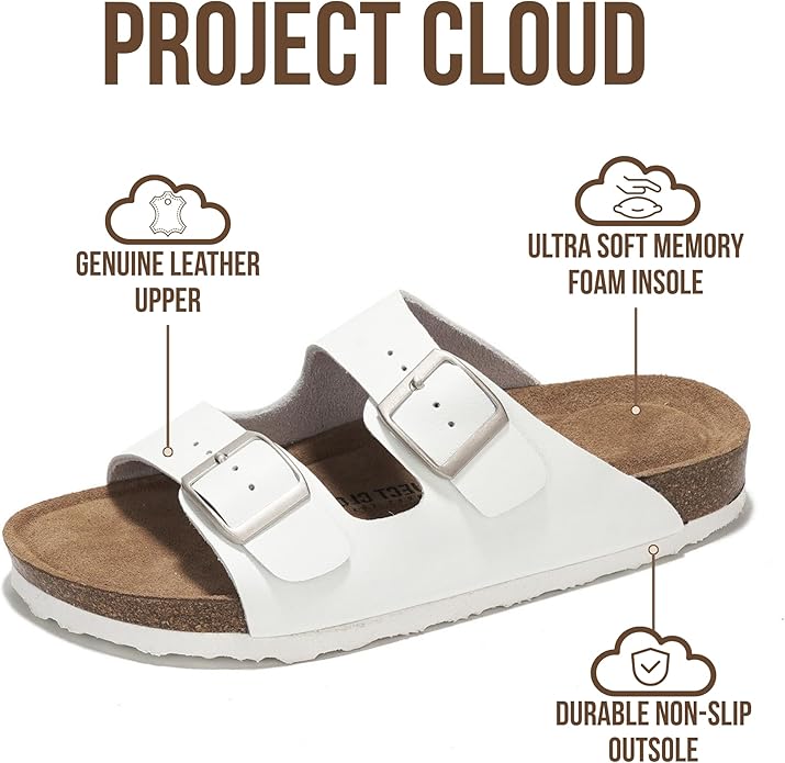 Project Cloud 100% Genuine Leather Flat Sandals For Women 2026 Cork Footbed Womens Sandals with Memory Foam and arch support Vacation Essentials Slides for Women Footwear (Venita)