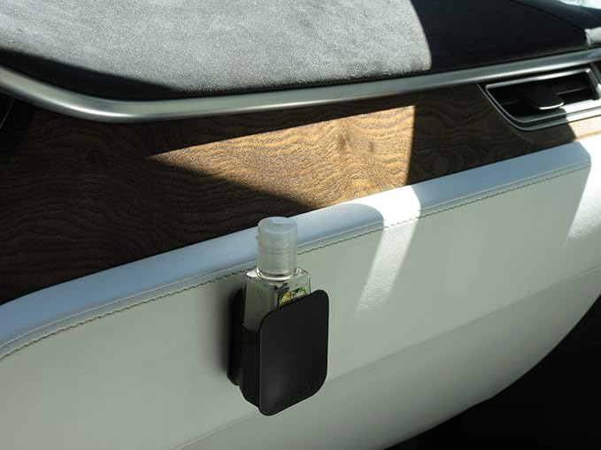 Hand Sanitizer Holder attaches to Cell Phone, Car Dashboards and Other Surfaces, Compatible with Bath & Body Works Pocketbac. (Black)
