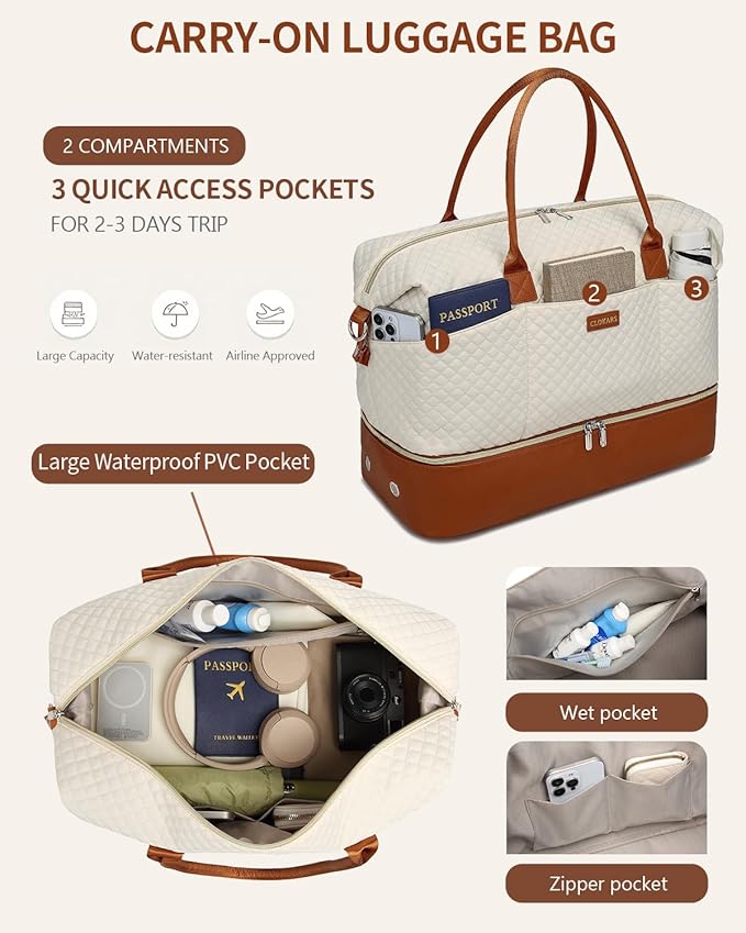 Weekender Bags for Women Travel, Overnight Bags Carry On Duffle Bag with Shoe Compartment for Airplane Large Tote Bag for Weekend Over Night, Hospital Bags, Women Gifts, Beige Brown