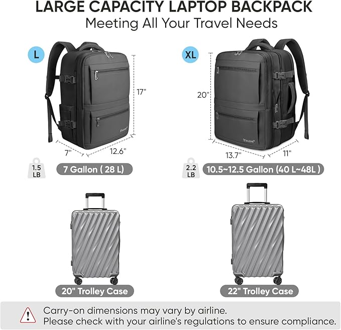 BALEINE Travel Backpack for Women Men, Large Sturdy Carry On Laptop Backpack Gifts for Business, Casual, Weekender, Hiking (XL, Black)