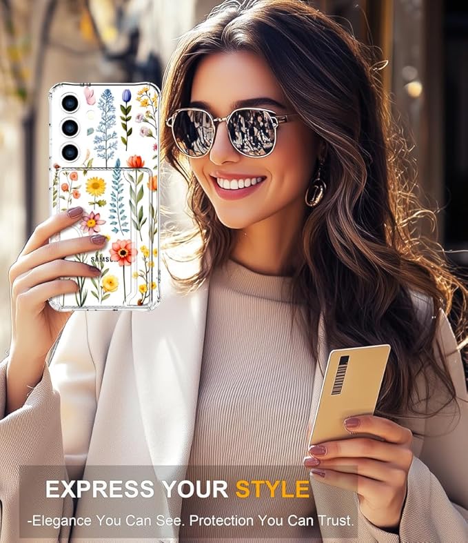 Compatible with Samsung Galaxy S24 / S25 Case Card Holder for Women Cute Design,Wallet Phone Cases Transparent Cool Kawaii Protective (Clear Multicolored Flowers Branches)