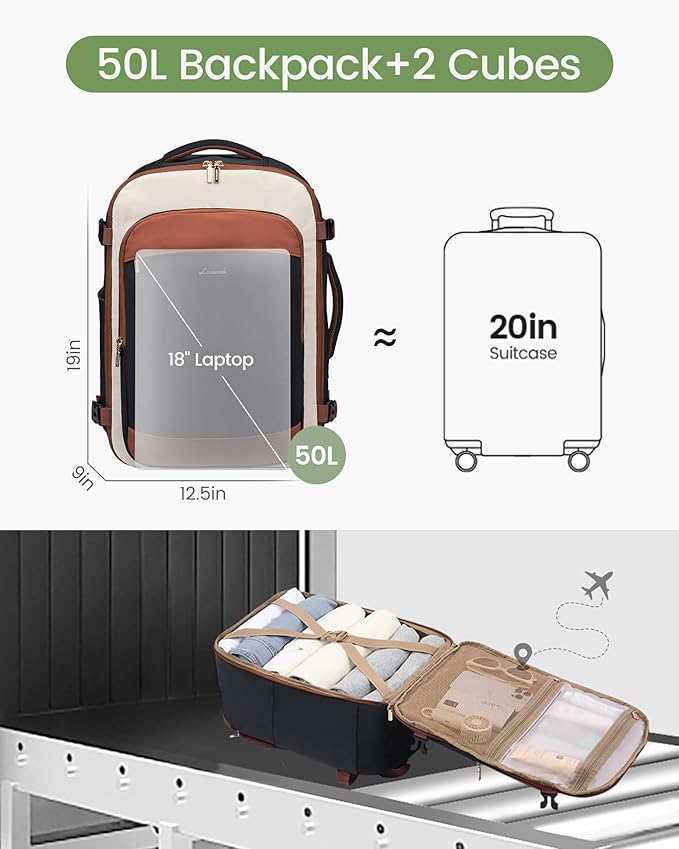 LOVEVOOK 50L Travel Backpack for Women & Men, Airline Approved Carry On Backpack, TSA Personal Item Bag fits 18.0 Inch Laptop, Waterproof Weekender Overnight Bags Suitcase for Work, Black