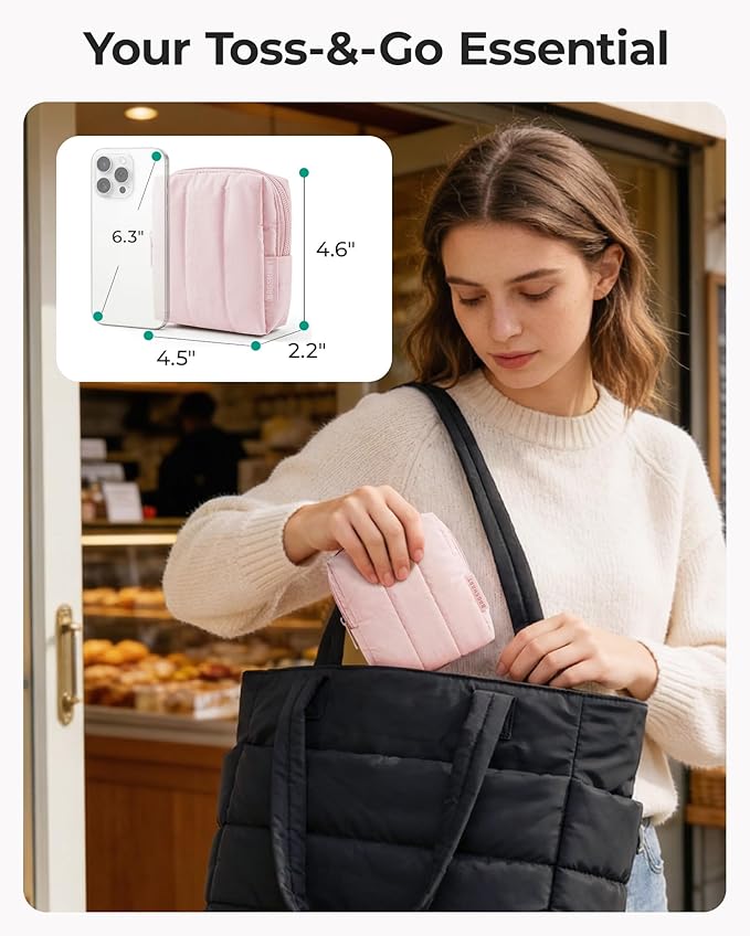 BAGSMART Small Travel Makeup Bag for Purse Toiletry Pouch, Puffy Padded Mini Cosmetics Bag, Cute Make Up Pouch for Women with Slip-in Pocket, Travel Essentials for Toiletries, Checkered Khaki